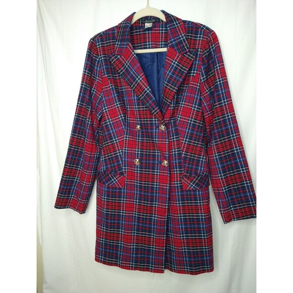 NWOT VENUS Red Blue Plaid Jacket Sz14 Button Closure Mid Length Academia Preppy - Picture 1 of 12